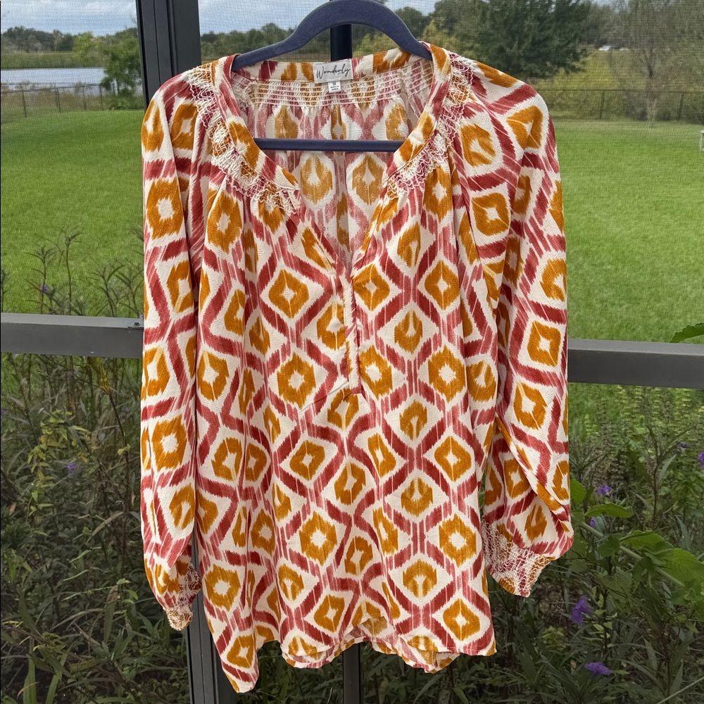 Wonderly 1X fall color Geometric Print Long Sleeve Tunic blouse top